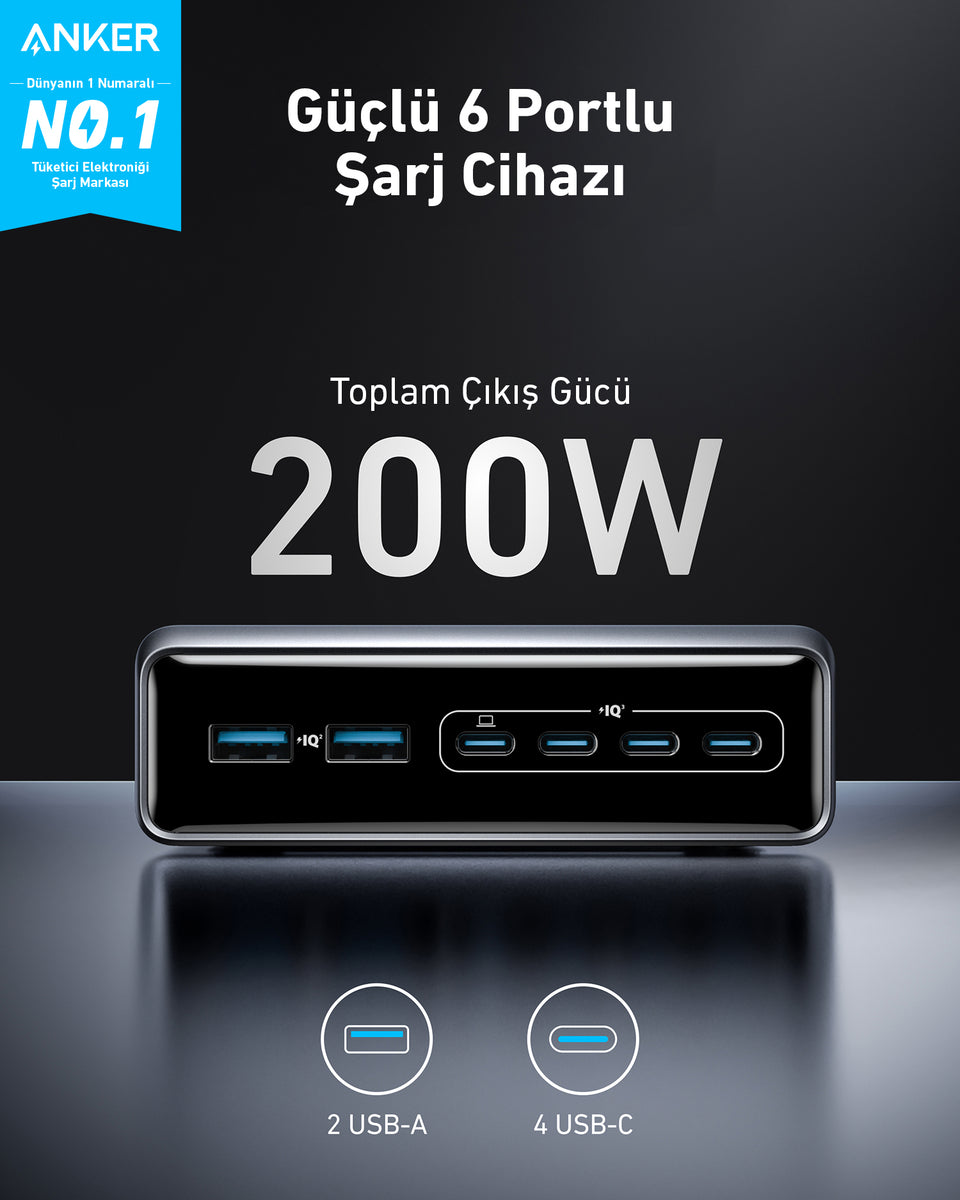 Anker Prime Şarj Cihazı (200W, 6 Bağlantı Noktası, GaN)