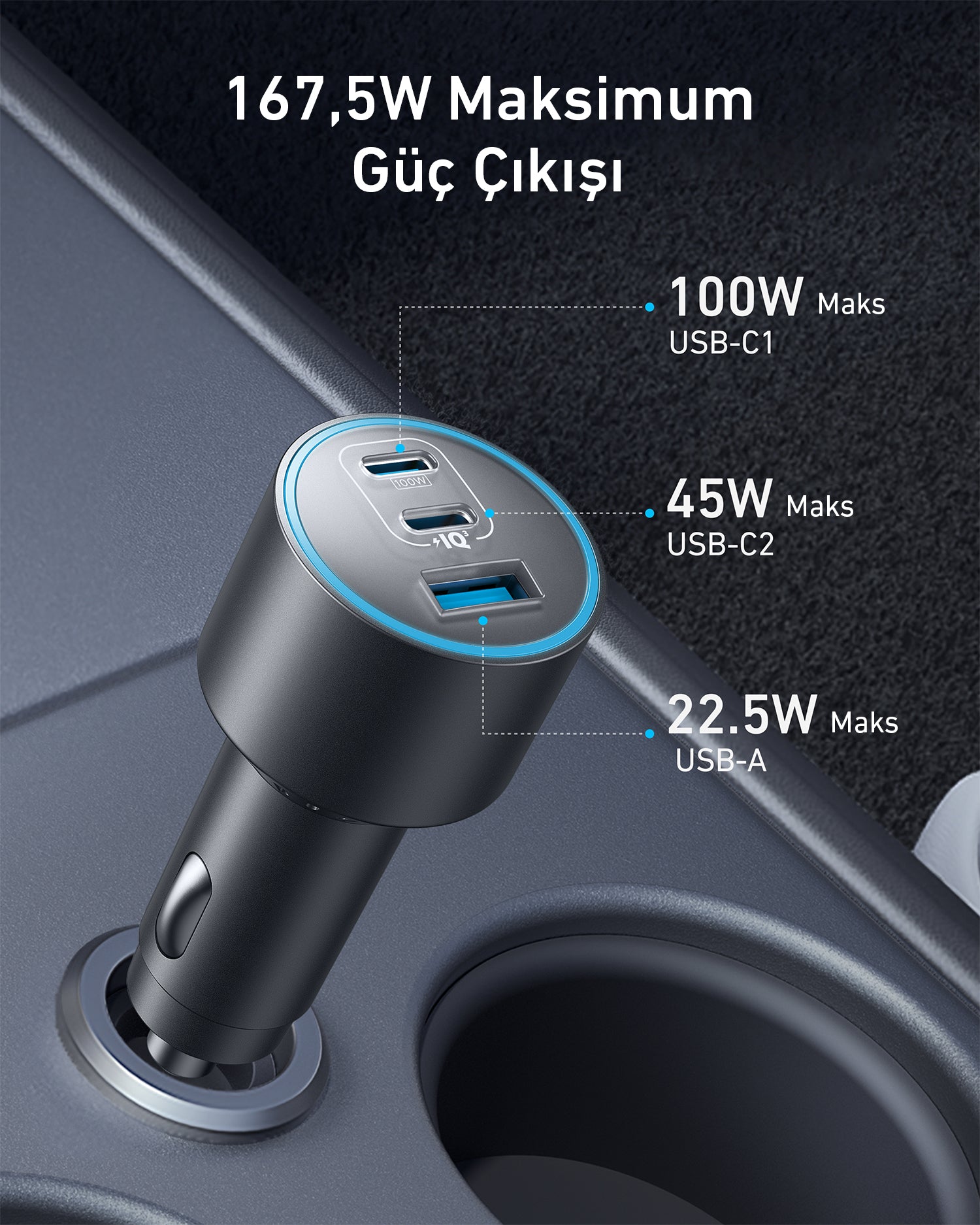 Anker 167.5W 3 Portlu Araç Şarj Cihazı + 1m Type-C Kablo