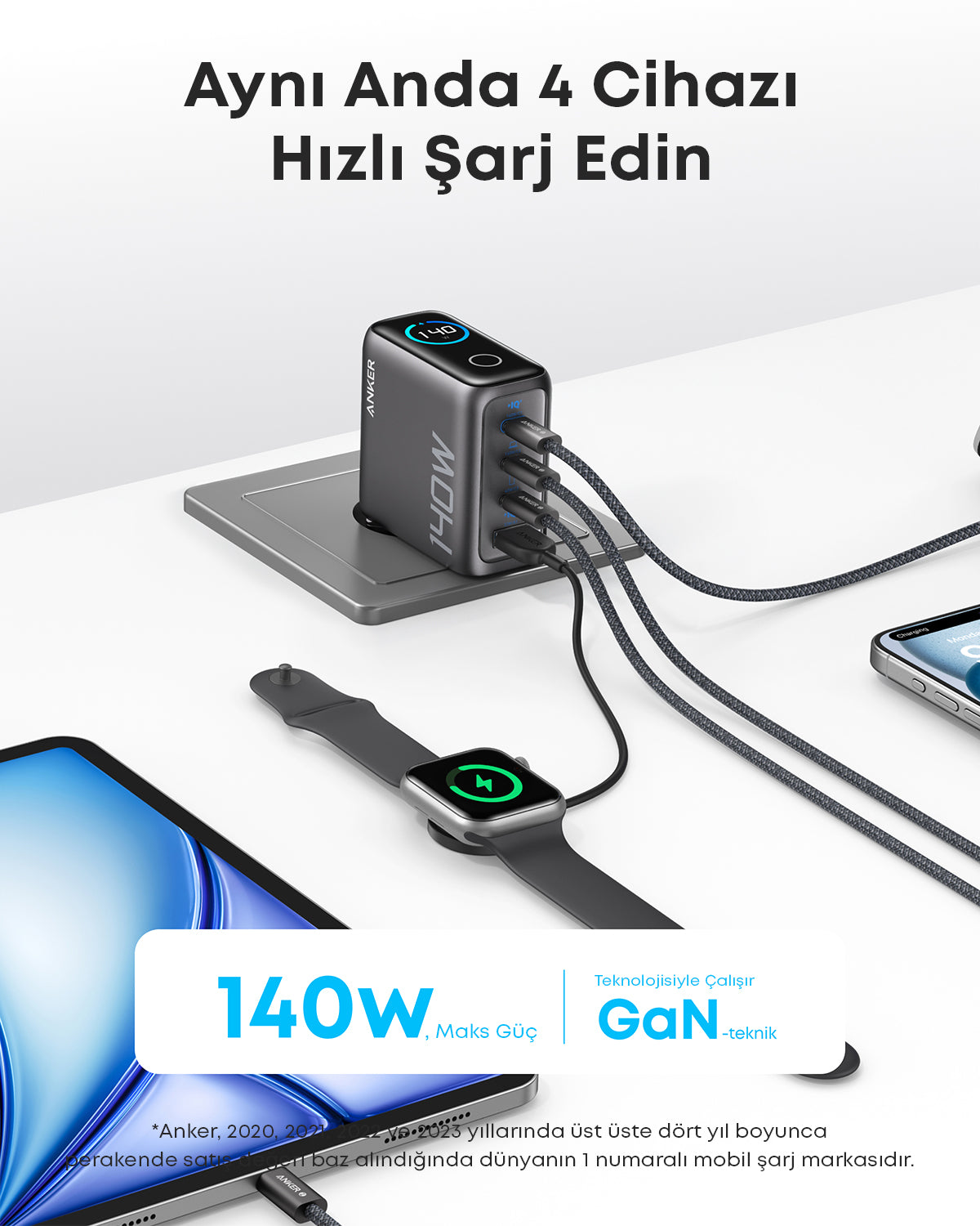 Anker Laptop Şarj Cihazı (140W, 4 Port, PD 3.1) - Koyu Gri