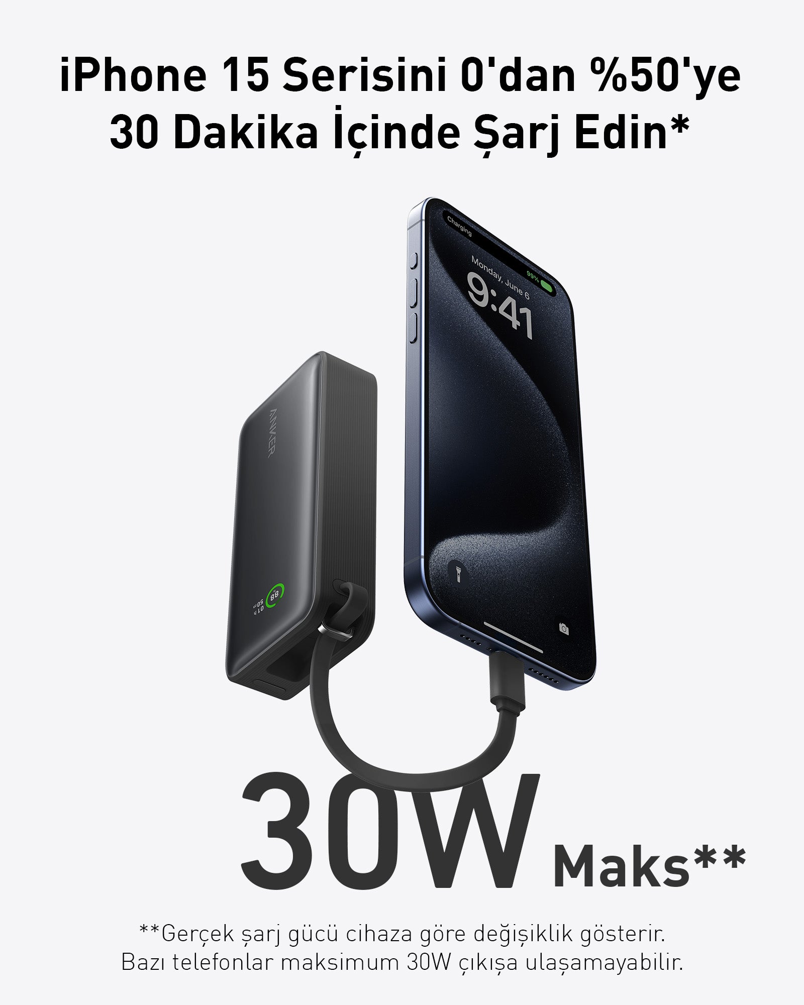 Anker Nano Powerbank (30W, Dahili USB-C Kablosu) Siyah