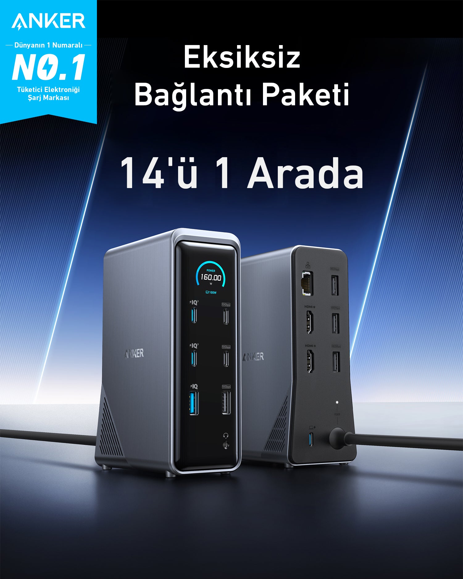 Anker Prime Şarj İstasyonu (14'ü 1 arada, Çift Ekran, 160W)