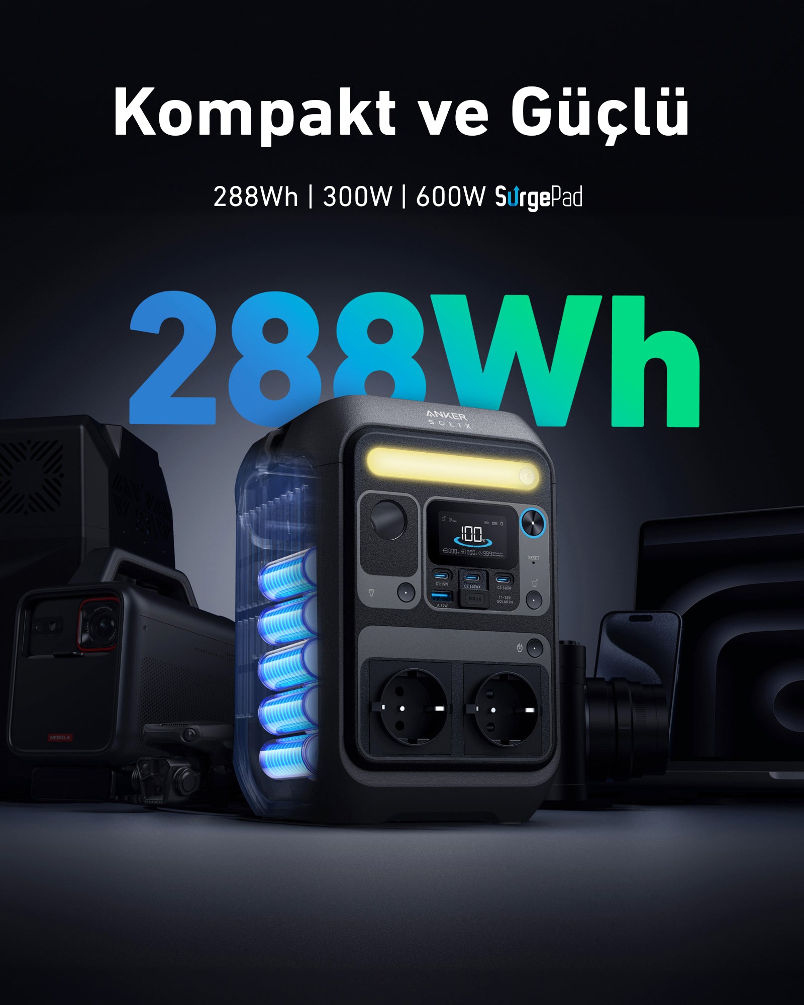 Anker SOLIX C300X AC 228Wh I 300W (600W SurgePad) Taşınabilir Güç Kaynağı