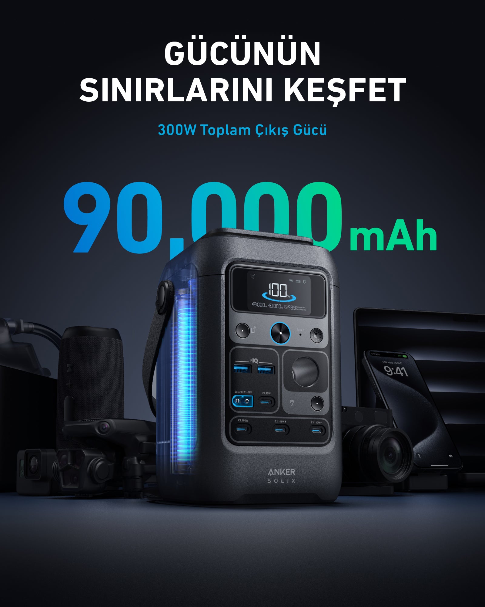 Anker SOLIX C300X DC Taşınabilir Güç Kaynağı + PS60 Taşınabilir Güneş Paneli