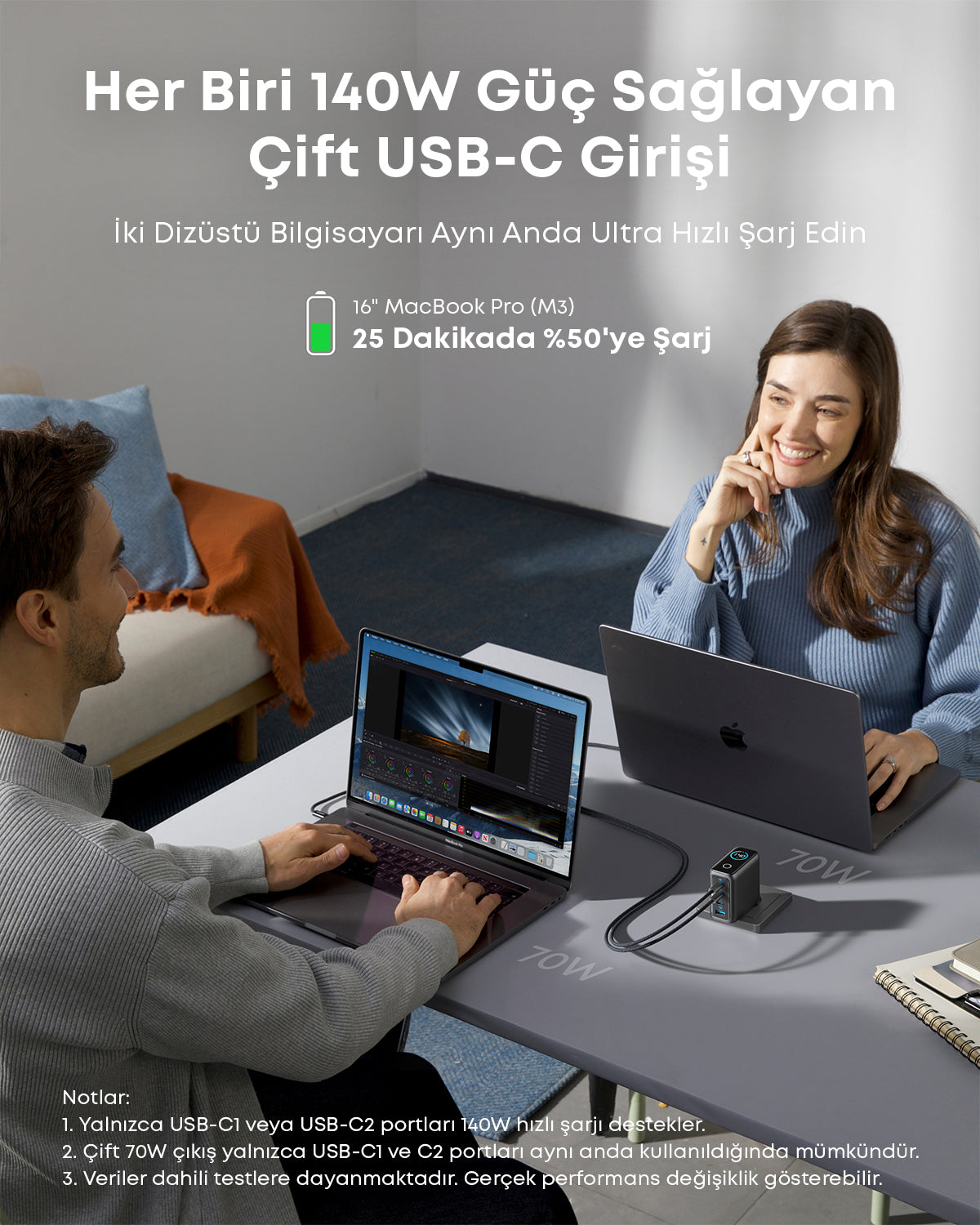 Anker Laptop Şarj Cihazı (140W, 4 Port, PD 3.1) - Koyu Gri