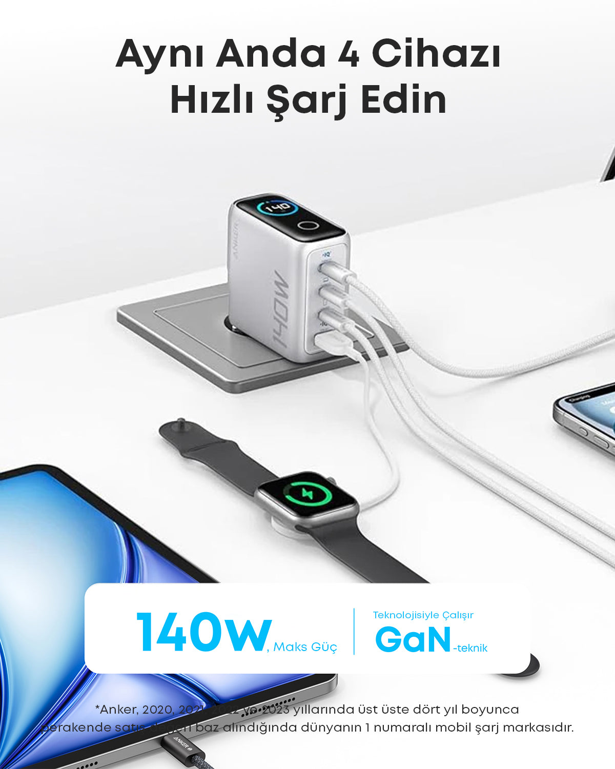 Anker Laptop Şarj Cihazı (140W, 4 Port, PD 3.1) ve 240W USB-C – USB-C Kablosu (1.5 m) - Açık Gri