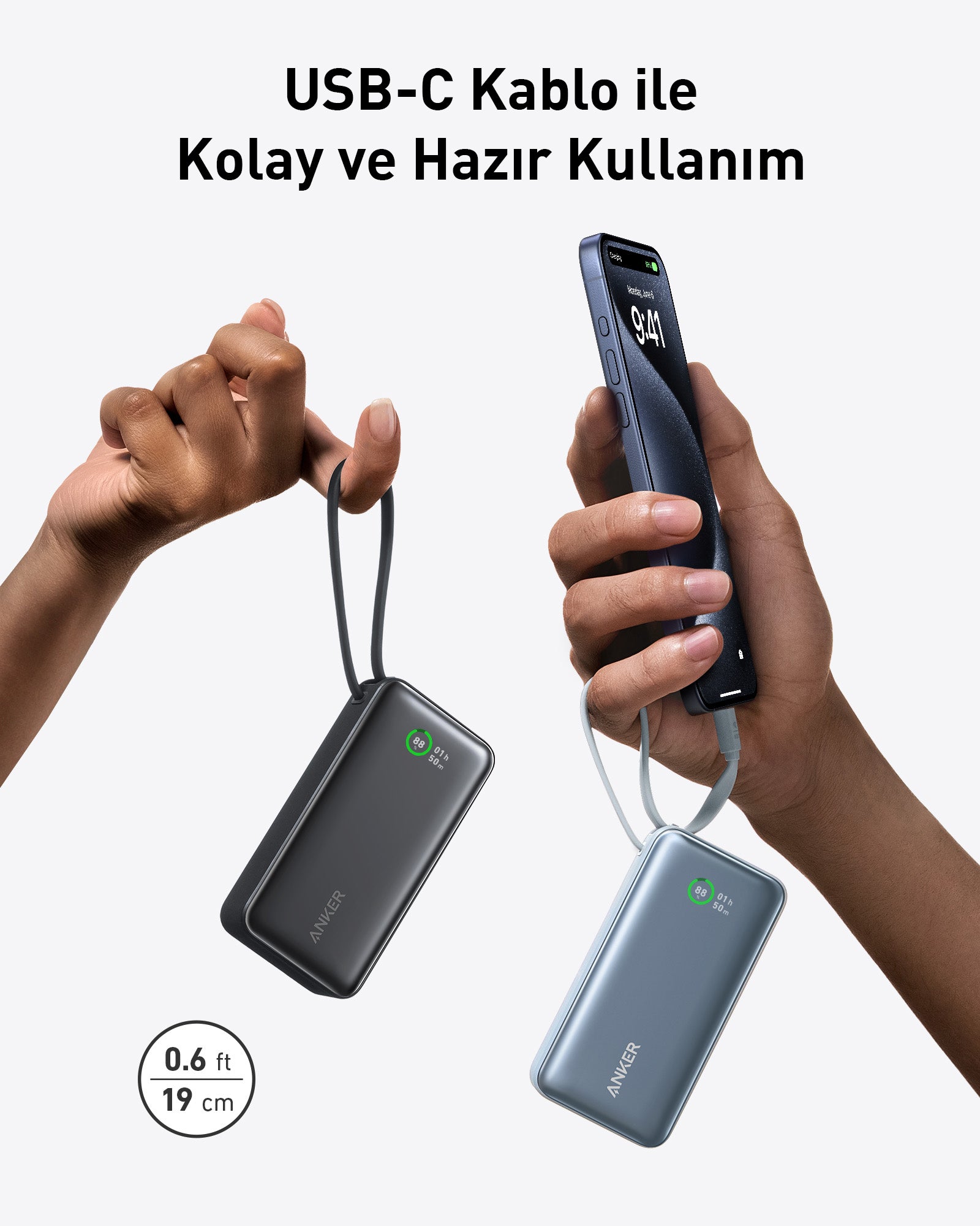 Anker Nano Powerbank (30W, Dahili USB-C Kablosu) Siyah