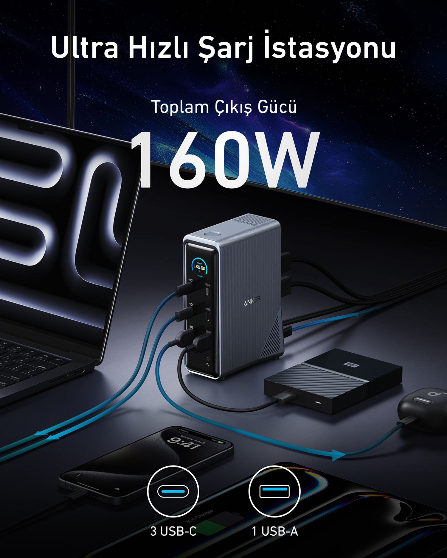 Anker Prime Şarj İstasyonu (14'ü 1 arada, Çift Ekran, 160W)