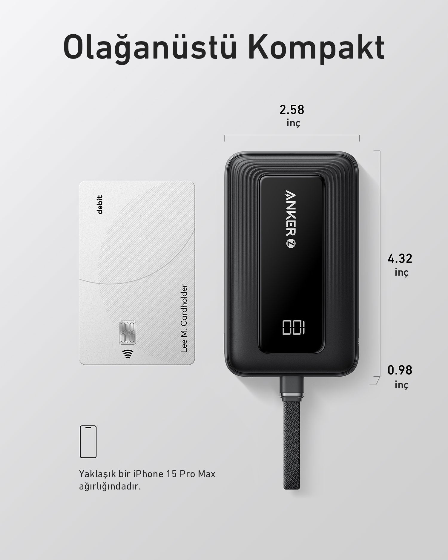 Anker Zolo Powerbank (10K, 30W, Dahili USB-C Kablo) - Siyah