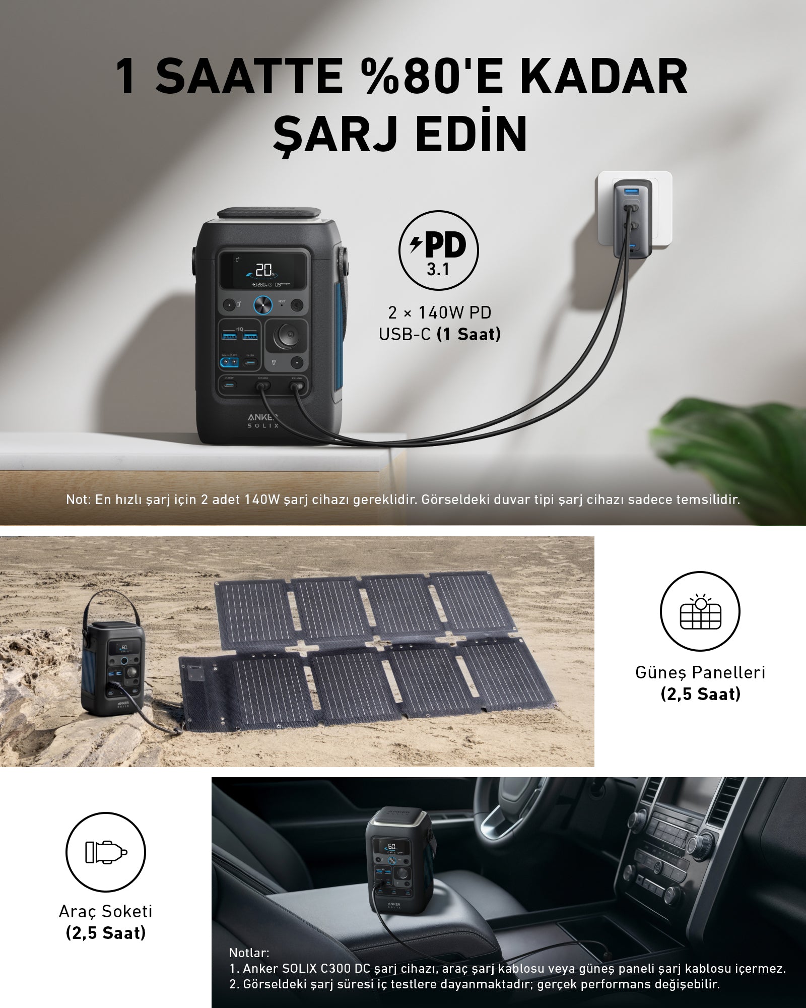 Anker SOLIX C300X DC Taşınabilir Güç Kaynağı + PS60 Taşınabilir Güneş Paneli