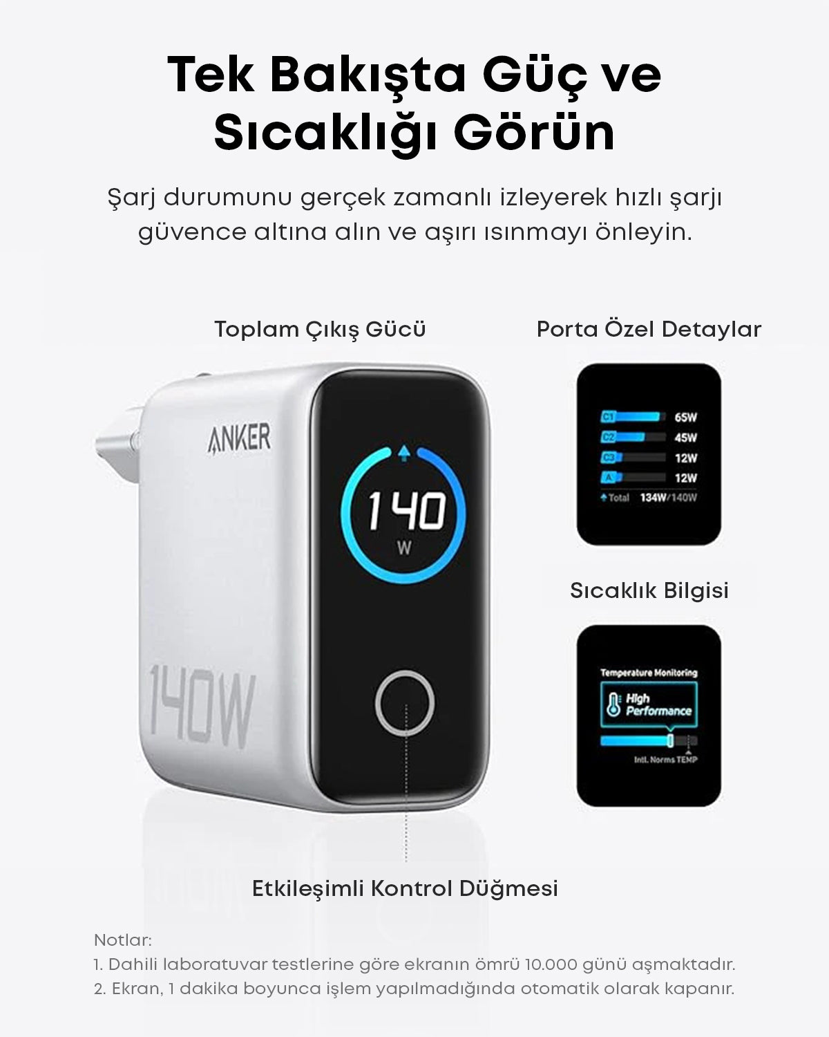 Anker Laptop Şarj Cihazı (140W, 4 Port, PD 3.1) ve 240W USB-C – USB-C Kablosu (1.5 m) - Açık Gri