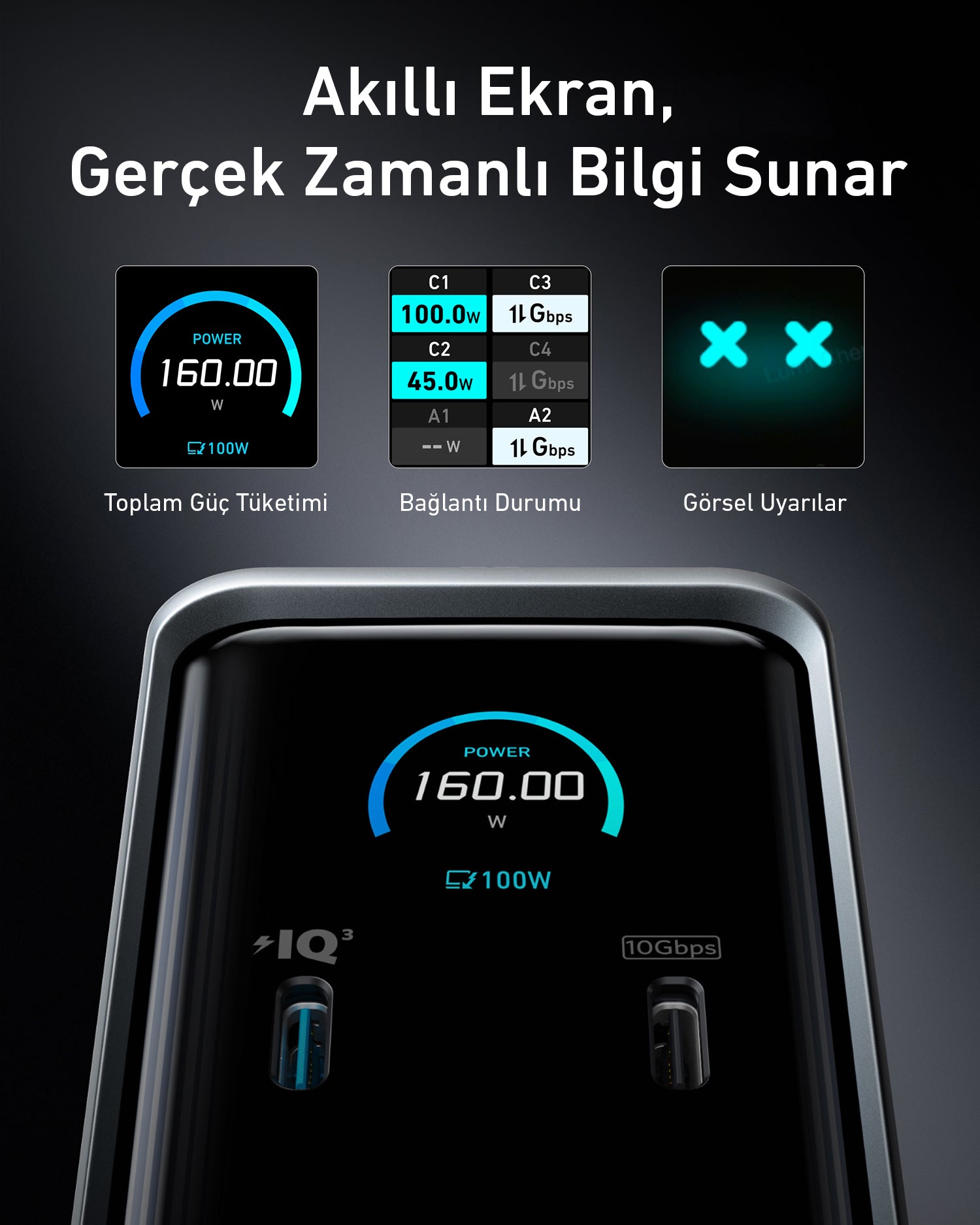 Anker Prime Şarj İstasyonu (14'ü 1 arada, Çift Ekran, 160W)