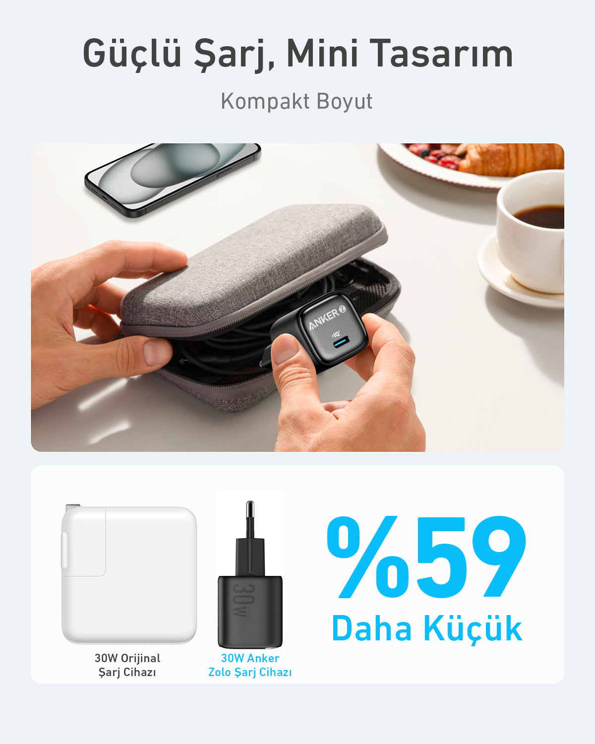 Anker Zolo 30W GaN USB-C Şarj Cihazı - Siyah