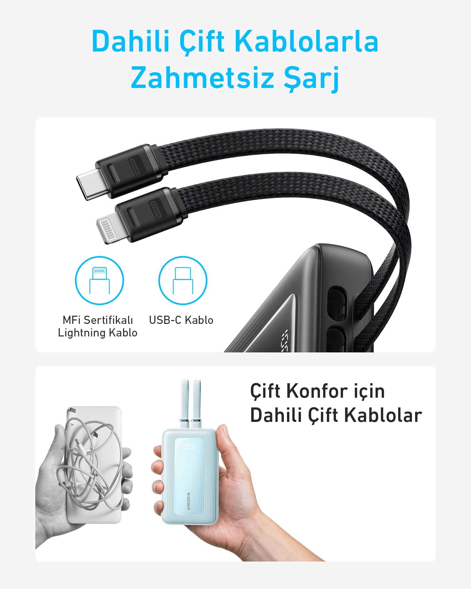 Anker Zolo Powerbank (10K, 30W, Dahili USB-C + Lightning Kablo) - Siyah