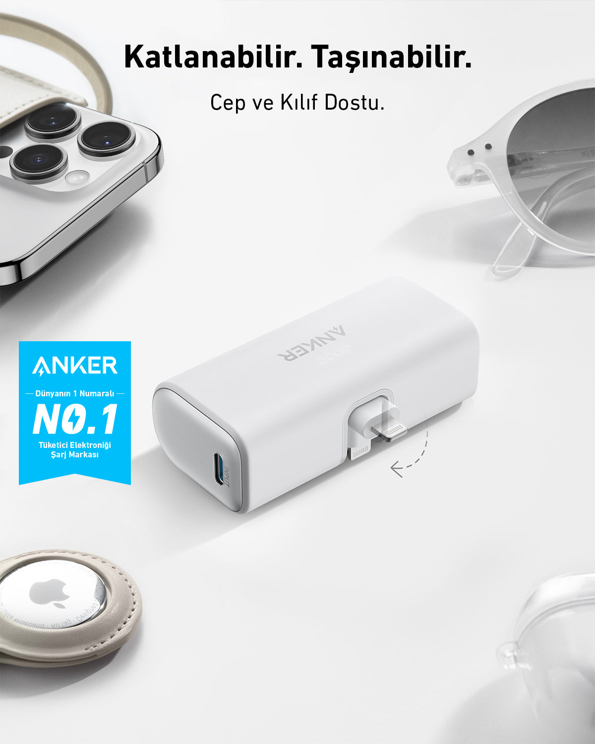 Anker Nano Powerbank (12W, Dahili Lightning Konnektörü) - Beyaz