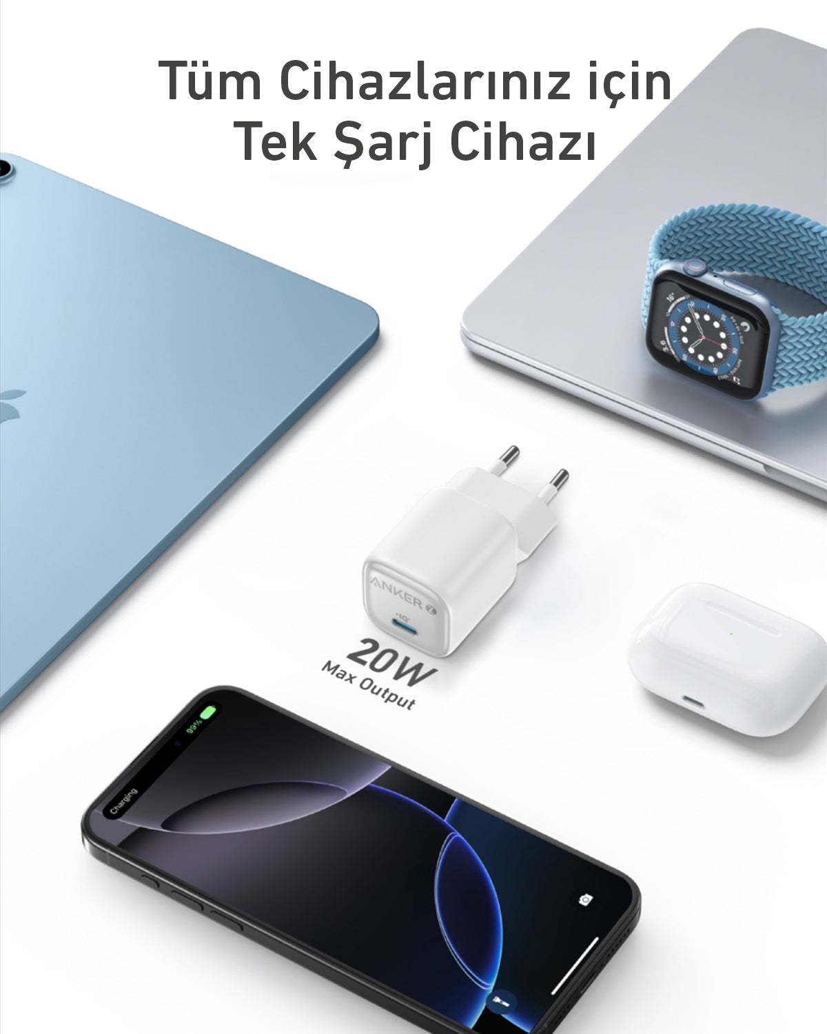 Anker Zolo 20W GaN USB-C Şarj Cihazı - Beyaz