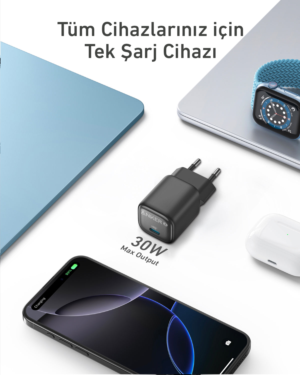 Anker Zolo 30W GaN USB-C Şarj Cihazı - Siyah