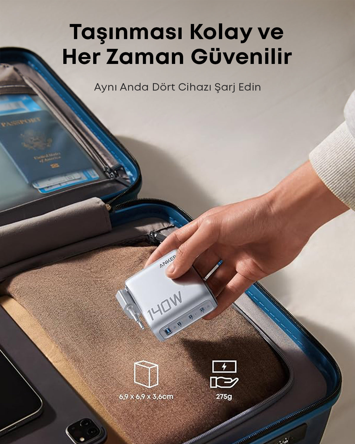 Anker Laptop Şarj Cihazı (140W, 4 Port, PD 3.1) ve 240W USB-C – USB-C Kablosu (1.5 m) - Açık Gri