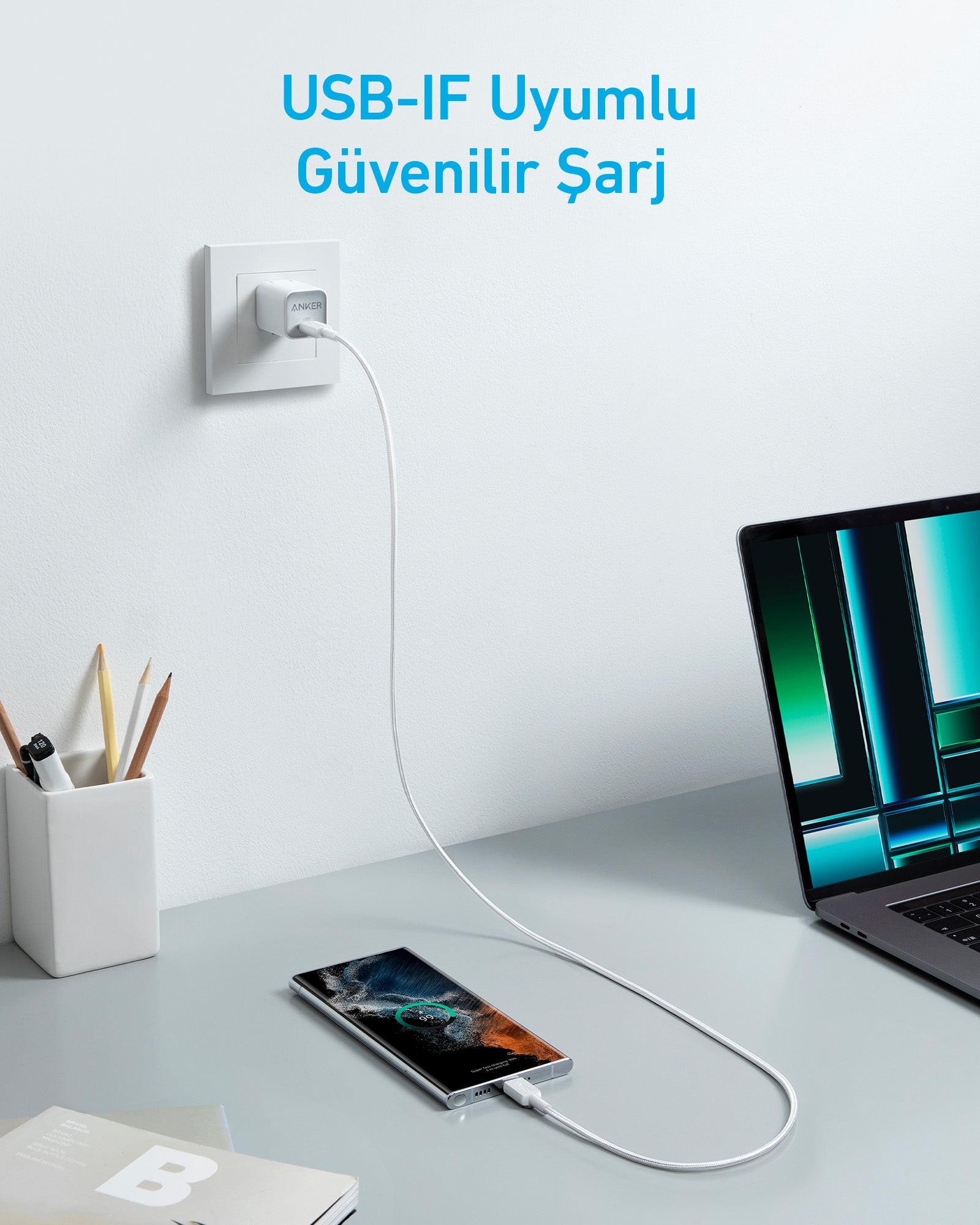 Anker 322 PowerLine USB-C to USB-C Örgülü Kablo 3ft/0.9m 60W - Beyaz