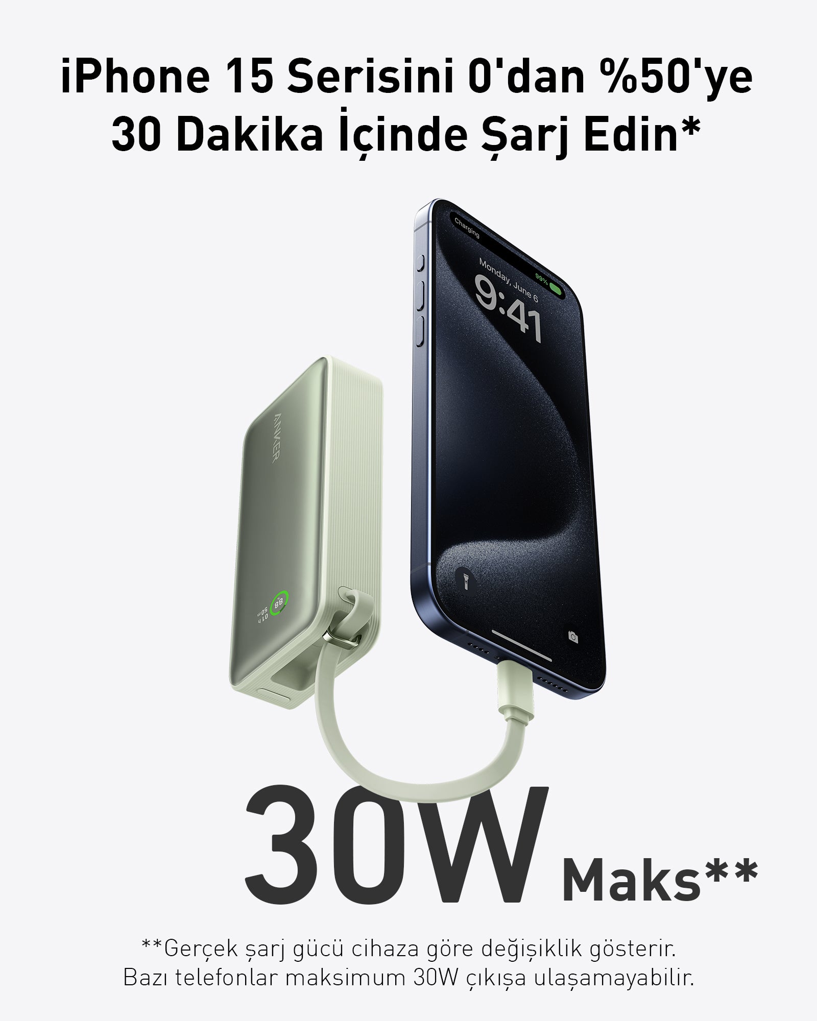 Anker Nano Powerbank (30W, Dahili USB-C Kablosu) Yeşil