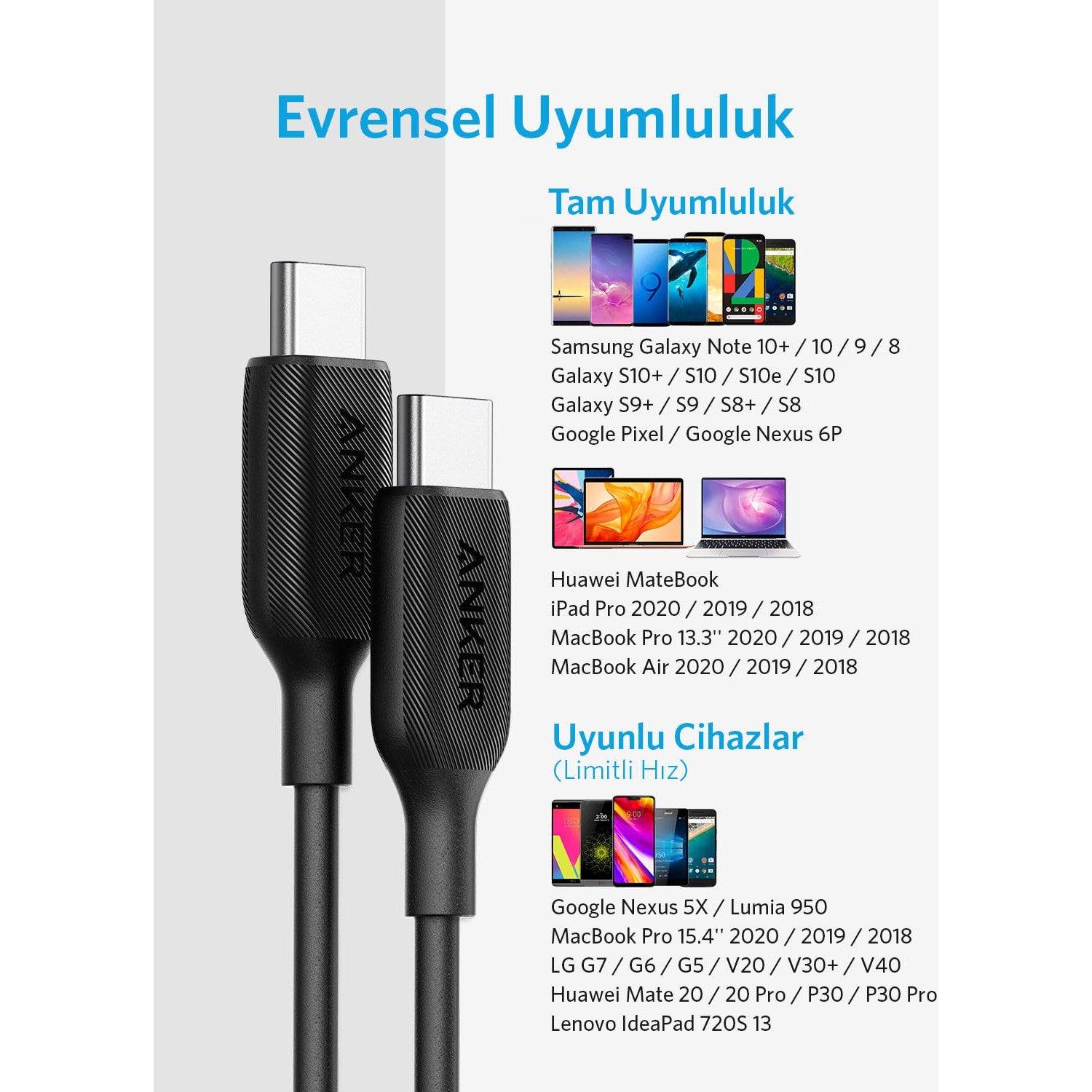 Anker PowerLine III USB-C To USB-C 1.8m 100W Şarj/Data Kablosu - Beyaz